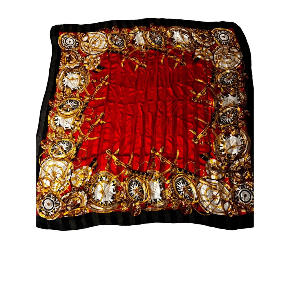 Saks Fifth Avenue Red Silk Scarf Italy Nautical Compass Astrolabe Square Large